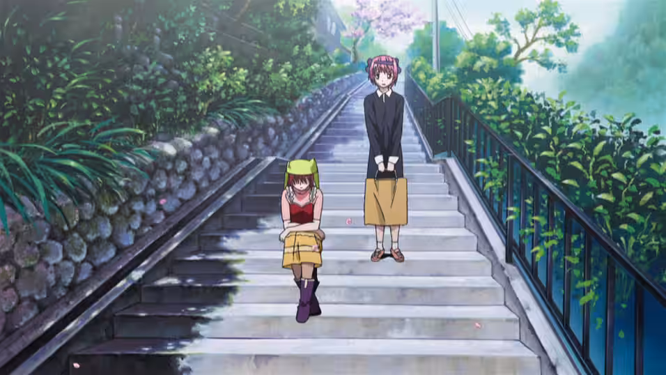 The same view with Lucy sitting on the stairs and Nana standing behind her.