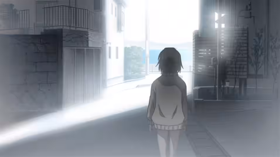 Mayu being at the same place in the anime, walking towards the ocean.