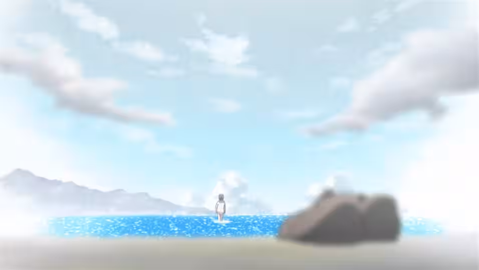 Mayu walking into the ocean with her shoes being left behind on the beach.