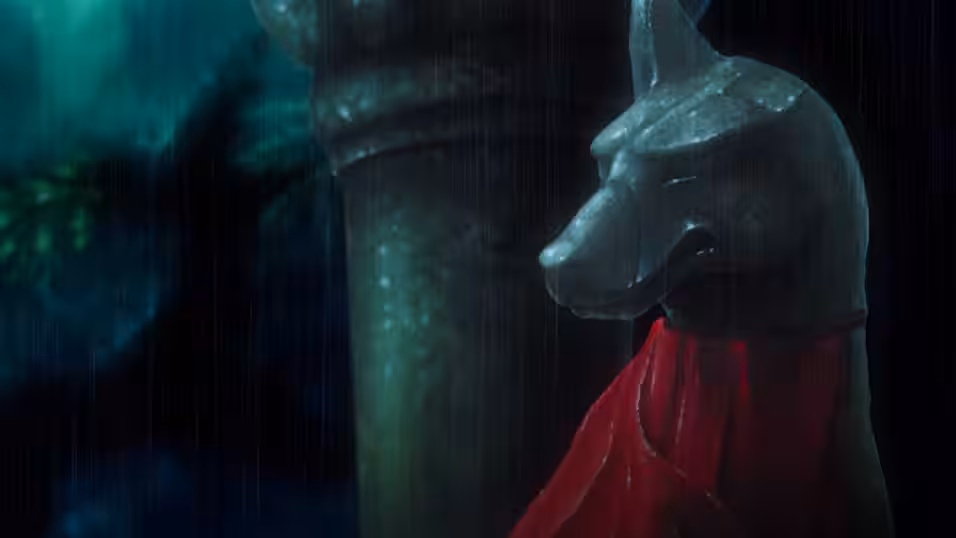 a very similar stone fox with red bib in the anime.