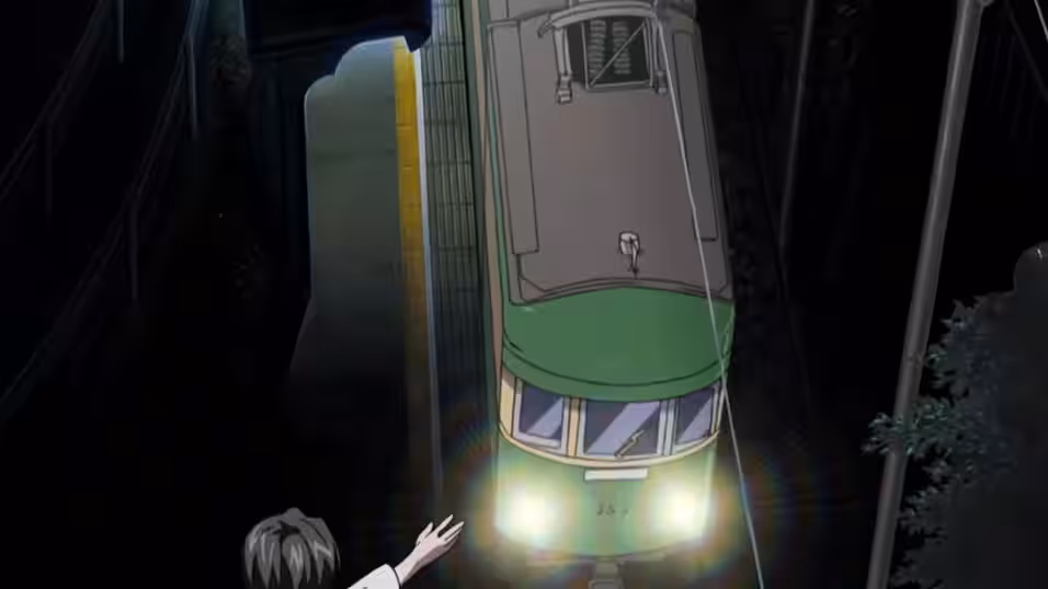 Young Yuka waving the train goodbye at night.