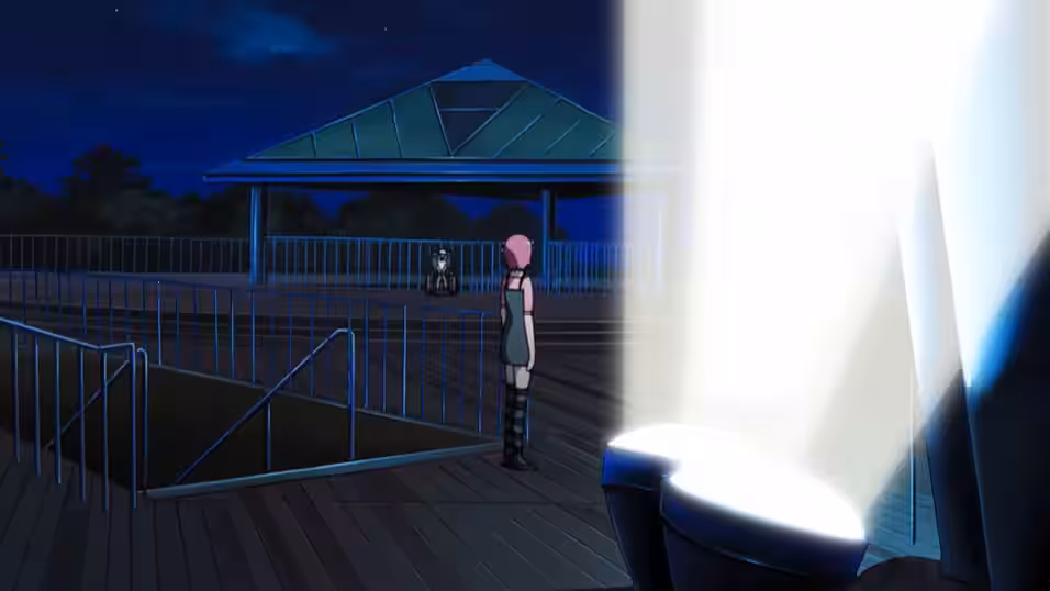 Lucy and Mariku on the same terrace at night.