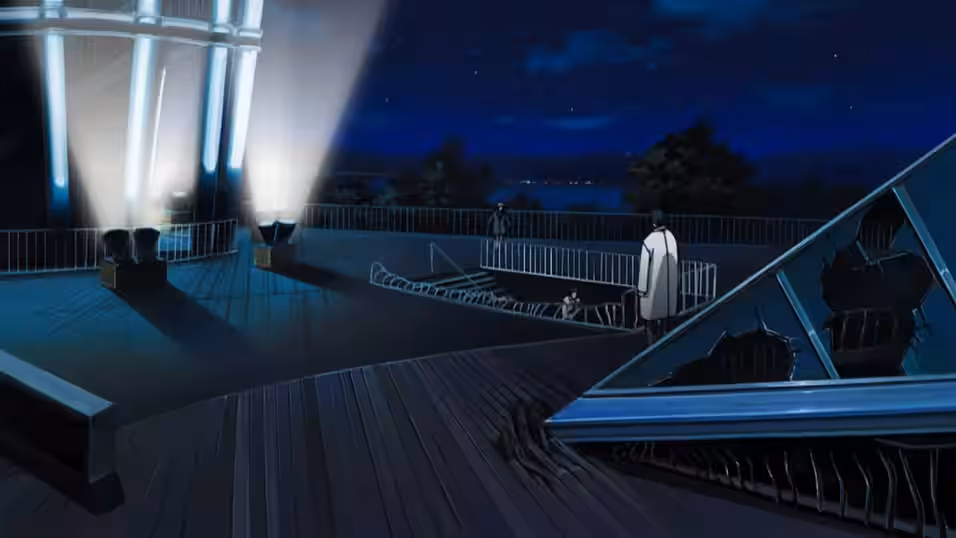 The same at night in the anime, with Kurama carrying Mariku down. Nana is running towards him, while Isobe watches.