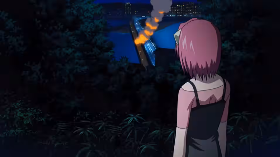The same view in the anime, with Lucy looking towards the bridgesa and a large fire and with a lot of smoke originating from the center of the pedestrian bridge.
