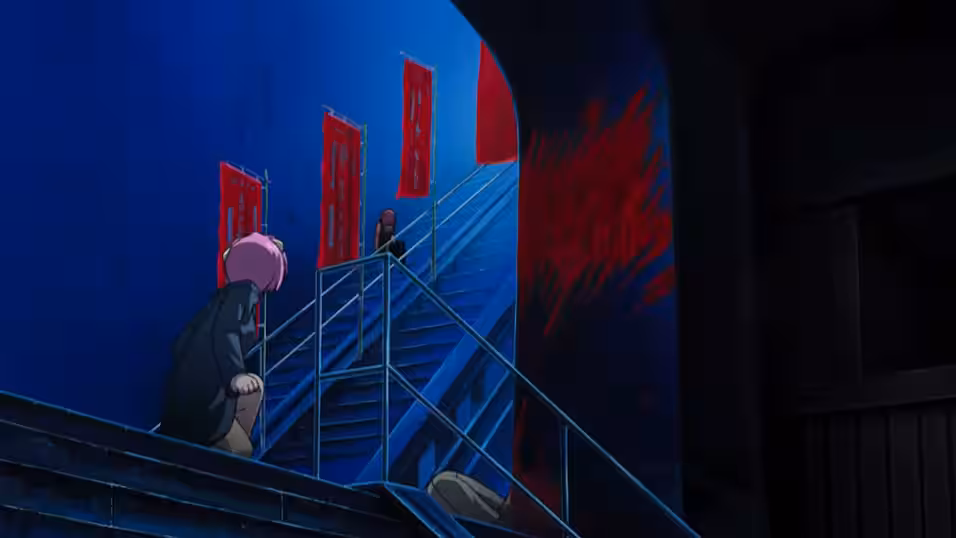 The same stairs in the anime. Lucy is sitting on them, with Nana looking up to her next to blood-stains on the gate.