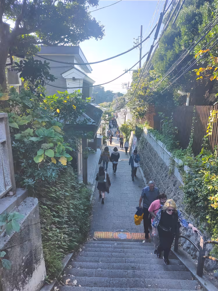 Stairs leading down to a paved way.