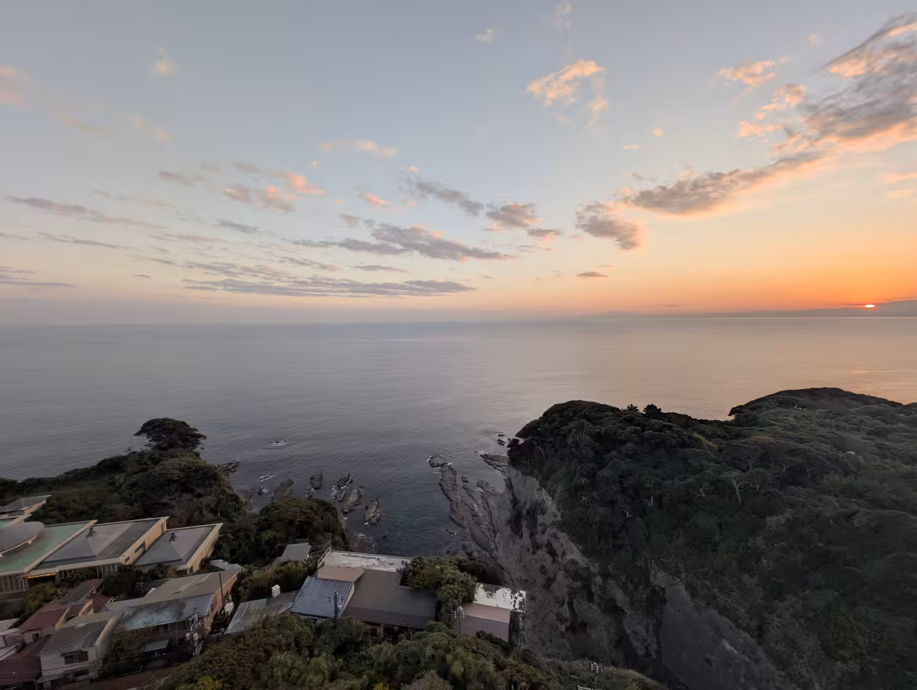 A wide-angle shot of the view to the south and the sunset.