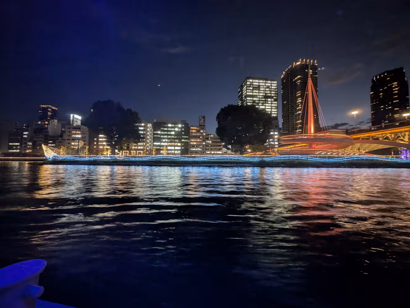 View out of a boat over the water to the illuminated other shore.