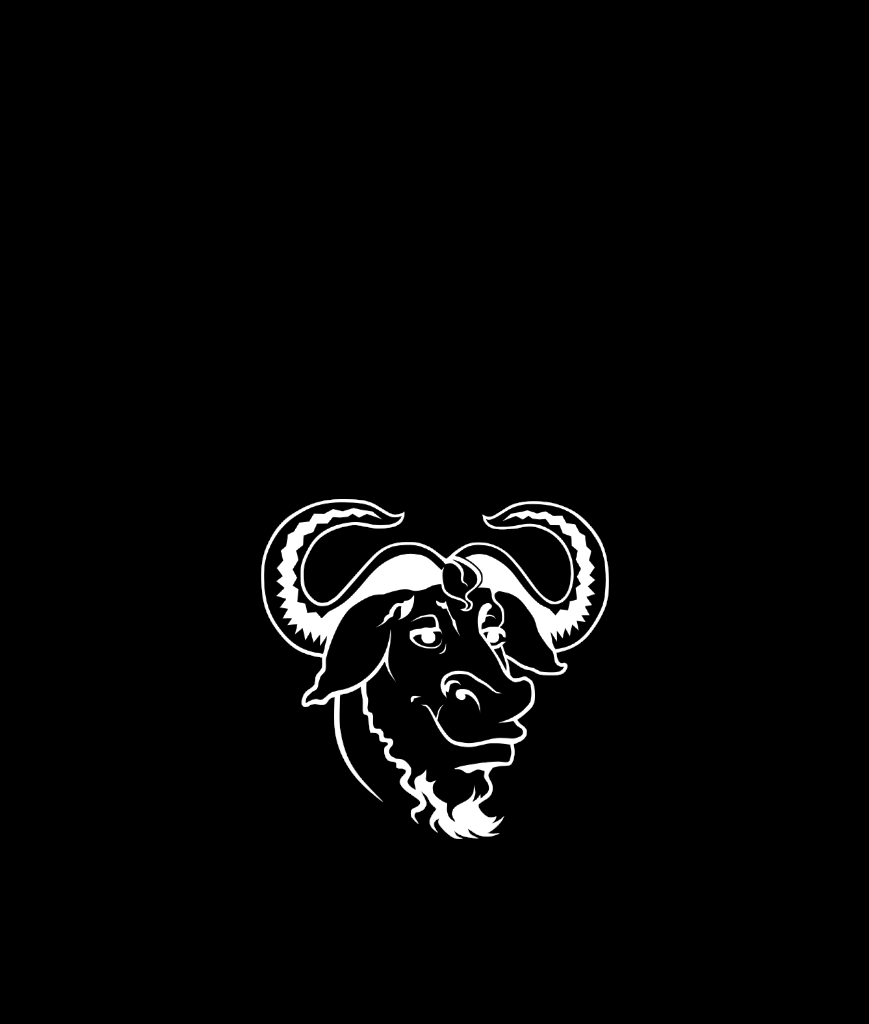 a mostly black image with a white gnu in the bottom center