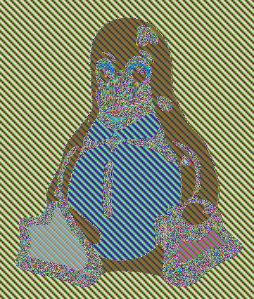 Also Tux, but every equal run of four pixels is replaced with a pseudorandom sequence; the image is still highly recognizable however, because large areas that have the same color in the plaintext still look quite flat in the ciphertext.